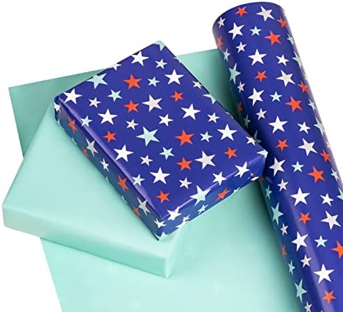 Reverzibilni papir za omatanje u obliku slova u - mini rola-17 inča od 33 stope-crvena, plava i bijela zvijezda i jednobojni dizajn