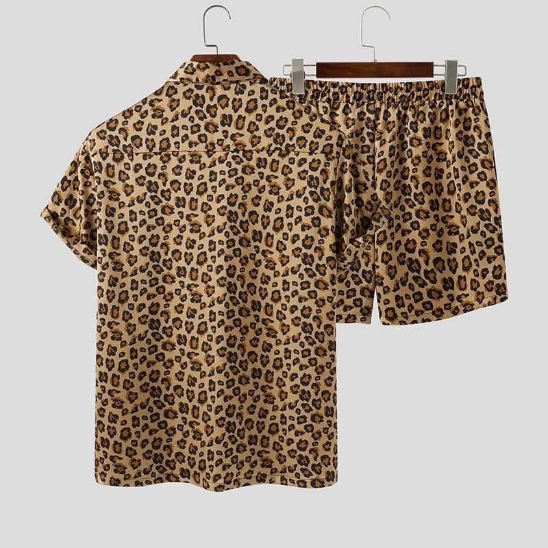 n/ljetni modni muškarci postavlja leopard leopard tiskanu košulju kratkih rukava na plaži kratke hlače havajski muškarci odijeli 2