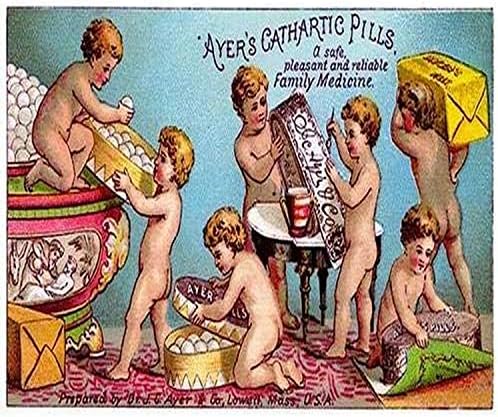 Viktorijanska posjetnica koja oglašava tablete tvrdeći da su siguran ugodan i pouzdan obiteljski lijek. Oglas prikazuje skupinu kerubina