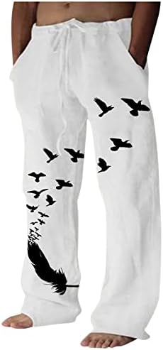 Široke hlače za noge muške ptice tisak pamučnih lanenih hlača casual joga hlače rastezljive hlače plus veličina