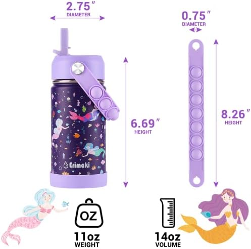 Erimaki 14 Oz Kids Mermaid Purple Water Boca sa slamnastim poklopcem i ručicom za fidget, dvostrukim zidnim vakuumom izoliranim Tumbler,