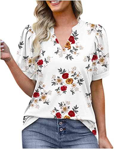 Ženski cvjetni tiskani vrhovi Ljetna majica s V-izrezom casual mjehurić rukav grafičke majice labavi tunični vrh kratkih rukava