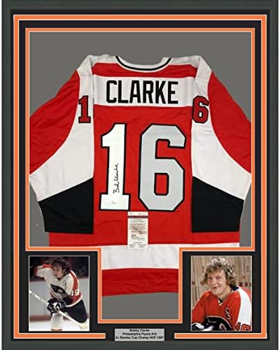 Uokvireni autogramirani/potpisani Bob Bobby Clarke 33x42 Philadelphia Orange Hockey Jersey JSA CoA