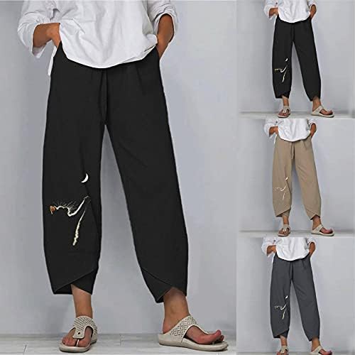 Firero Women Wide Nog Linene hlače Elastično hlače za ispis struka Bagggy Opušteno uklanjanje udobnog dnevnog boravka s džepovima s