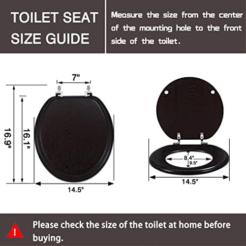 Crno smeđe drvo okruglo sjedalo s metalnom šarkom, tamno drvena toaletna sjedala okrugla za toaleti američke standardne veličine, stvarna