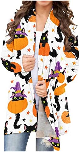 Ženski kardigan za Noć vještica, mačka od bundeve tiskane dugim rukavima otvoreni prednji kardigans casual lagani vitki kaput vrhovi