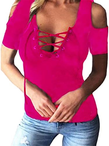 Žene Andongnywell seksi od čipke u obliku ramena majica s kratkim rukavima v vratna bluza prednja majica tunice