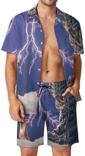 Thunderbolt mačke muškarci 2 komada Havajski set majice s kratkim rukavima s gumbom prema dolje na plažljivim hlačama labave fit majice