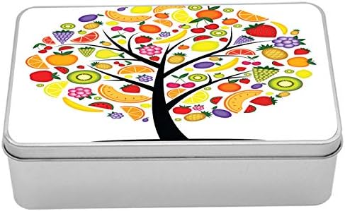 Ambasonne voćna metalna kutija, šarena silueta voćnog drveta s raznim vegetarijanskim opcijama banana narančasta, višenamjenska pravokutna