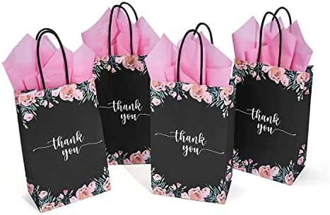 50 paketa malih poklon vrećica od crnog i cvjetnog papira Hvala s ručkama i 24 lista ružičastog papirnatog papira za male tvrtke, kupovinu,