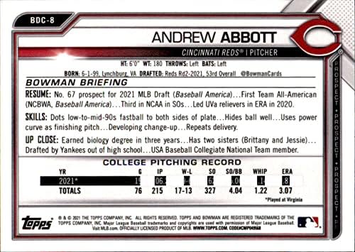 2021 Bowman Chrome nacrt BDC-8 Andrew Abbott RC Rookie Cincinnati Reds MLB Trading Card