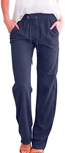 Pamučne lanene hlače ženske ljetne Ležerne hlače s džepovima, labave kravate, jednobojne elastične udobne hlače za plažu visokog struka