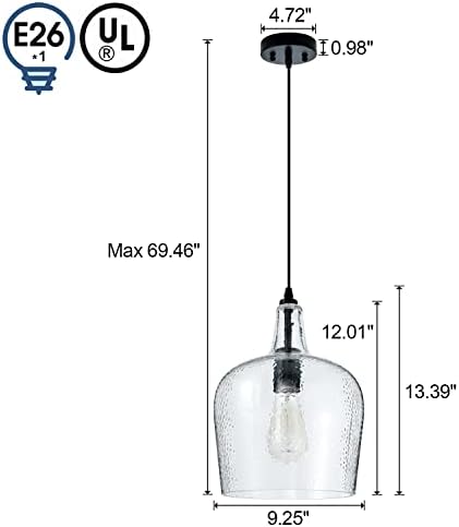 Staklena viseća svjetiljka br. Moderna crna 1 svjetiljka s jednom kupolom viseća svjetla za kuhinju, blagovaonicu, hodnik, širine 10