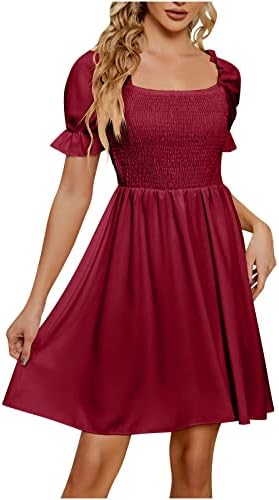 Ženska prokleta ljuljačka haljina pletena rebrasta ljetna haljina elastična sunderica kvadratni vrat slatka midi haljina haljina kratkih