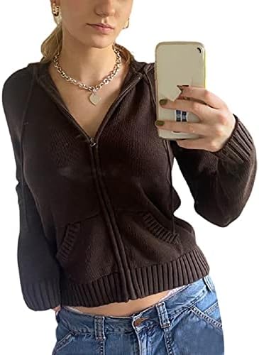 Roaonocomo žene zip up pletena ošišana kapuljača y2k dugim rukavima s kapuljačama s kapuljačom u trendu jesenski zimski džemper jakna