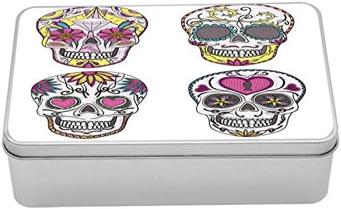 Ambasonne Metal Metal Box, Meksički stil tradicionalne šećerne lubanje postavljene sa srcima ukrašene cvjetne motive, višenamjenski