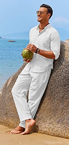 COOFANDY muški 2 -komadni platneni setovi povremeni gumb dolje košulje hlače povremene plaže ljetne joge odjeće