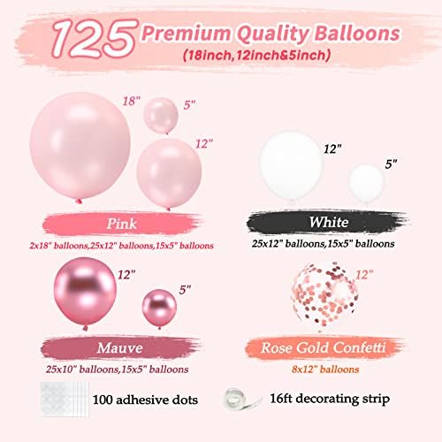 Set vijenaca od ružičastog balona, 5/12/18 ružičasti i bijeli baloni s konfetama od ružičastog zlata, lila baloni za ukrašavanje rođendana