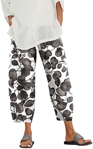 Dsodan Capri hlače za žene pamučne posteljine široke noge kapris ženska ljetna umjetnost cvjetna elastična vrećica ošišana hlača