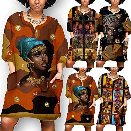 Afričke Plus size haljine za žene S Vintage printom i izrezom u obliku slova u, ležerna Mini haljina sa srednjim rukavima i džepom