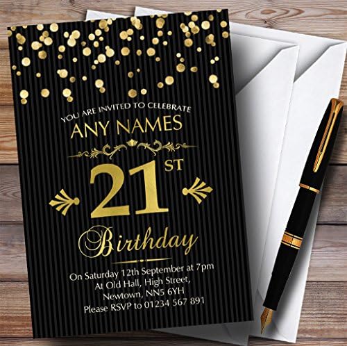 Zlatni konfeti crne prugaste 21. personalizirane pozivnice za rođendan
