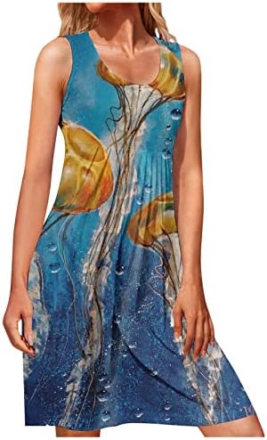 Ayaso ženski rukav bez rukava marinski organizam za printu vrat ruširana haljina na plaži labavo fit 2023 Summer casual midi haljina