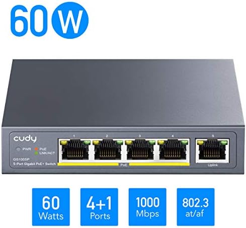 Cudy GS1005p 5 Port Gigabit Ethernet Unmanaged Poe+ Switch, s 4 x Poe+ @ 60W, radna površina/zid, stambeno kućište bez ventilatora,