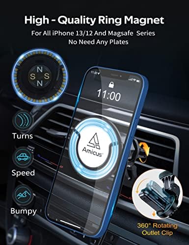Amicus Dual Magnetic Car CEAR BEALLON ITHER IPhone 13/12 serija, jedan prekidač dodira do sklopljivog držača prianjanja/nosača utičnice