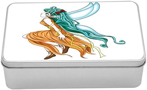 AMBESONNE ANIME TIN kutija, pixie girl karikatura s dugom zelenom kosom i krilima fantasy elf, prijenosni pravokutnik za odlaganje