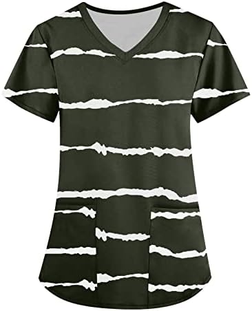 Nokmopo majice za žene pamučni modni V-izrez kratki rukavi s džepovima pruge s tiskanim vrhovima