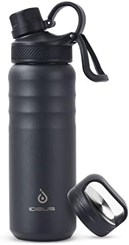Ideous izolirana boca vode od nehrđajućeg čelika s 2 kapka otporna na propuštanje, tikvicu za toplinu za planinarenje, 24oz, crna