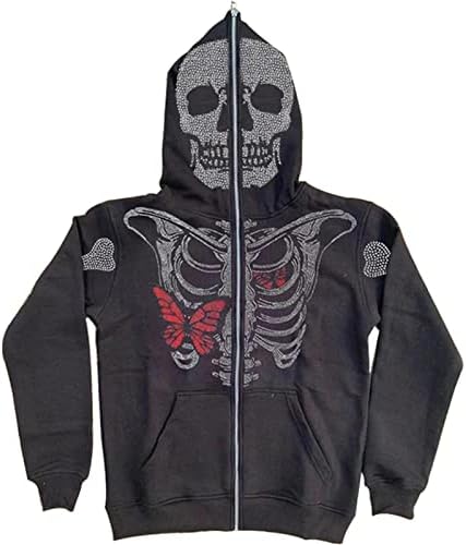 Nanjaburbuja Y2K Skeleton Full Zip Up Hoodies Žene muškarci Rhinestone Skull Graphic Print Tweershirt Gothic Prevelike Jackets
