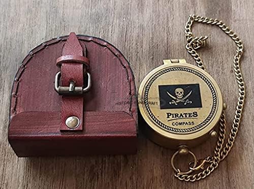 Nautički mesingani gusarski brodski kompas | Vintage pritiskanje gumb Radni brod Piratski lanac kompas s kožnim poklonom kućišta |