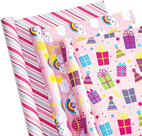 Rola papira za zamatanje za rođendan-mini rola-3 role - 17 inča 120 inča po roli - ružičasta duga, rođendanske poklon kutije, dječje