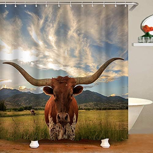 Vividhome Longhorn kravlje zavjese za tuširanje za kupaonicu, Texas Longhorn Farm Slikanje životinja Umjetnost Umjetnost kupaonica
