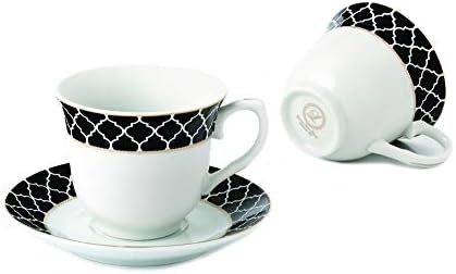 Svjetski pokloni Elegantne izdržljive i šarene porculanske šalice čaja i tanjuri - crno i zlato, 8 oz. Set od 4