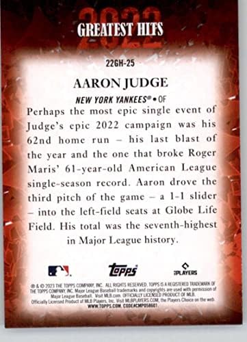 2023 Topps 2022 Najveći hitovi 22GH-25 Aaron Sudac NM-MT New York Yankees Baseball Trading Card MLB