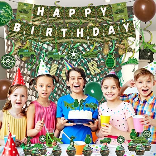 Kamuflaža ukrasa za rođendansku zabavu Vojnica Vojna zabava Opskrba zeleni camo baloni Sretni rođendan Banner Viseće vrtloge Cupcake