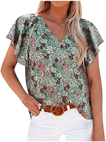 Majice za dame ruffle kratke rukave spuštene dekolte spandex cvjetne grafičke boho bluze majice tinejdžerke jv
