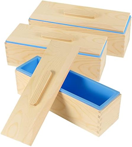 Mahiong 3PCS 47oz plavi silikonski sapun Kalupi komplet, pravokutni silikonski kruh sapun za izradu kalupa s 3 drvene kutije i 3 kapka,
