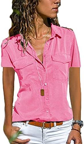Adongnywell Womens majice s kratkim rukavima ležerna V gumb za rukave s manžetom donje bluze košulje gornje s džepom