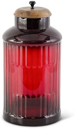 K&K Interijeri 16985A-2 13,25 inčni spremnik crvenog rebrastog stakla s drvenim poklopcem
