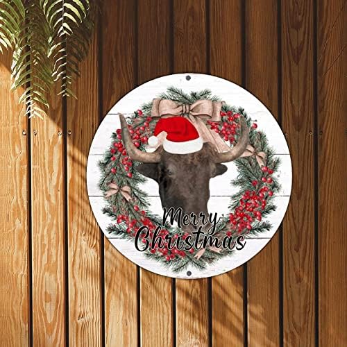 Znak dobrodošlice Aroggelda za prednji trijem Sretna božićna krava s hatberom okrugli limen natpis Farmhouse Aluminij Zimski Božić